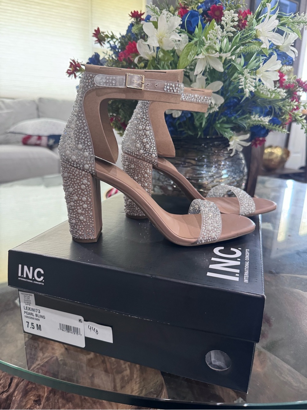 INC International Concepts Nude Pearl & Crystal Block Heel Sandals